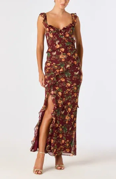Astr The Label Aleah Floral Ruffle Maxidress In Brown