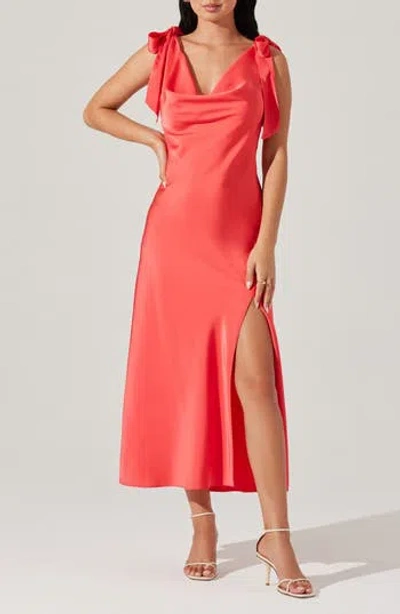 Astr The Label Allexina Tie Shoulder Satin Midi Dress In Orange