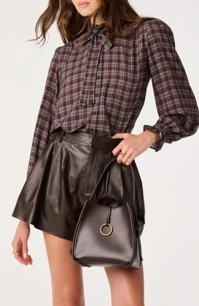 Astr The Label Alyssa Plaid Tie Neck Top In Brown