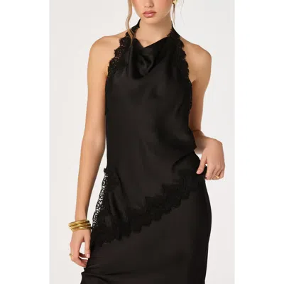 Astr The Label Amira Lace Trim Cowl Neck Satin Top In Black