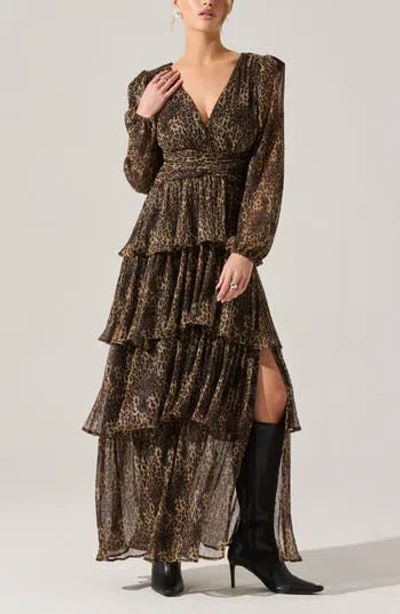 Astr The Label Anora Metallic Leopard Print Long Sleeve Dress In Gray