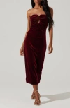 Astr The Label Arista Strapless Velvet Midi Dress In Wine