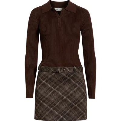 Astr The Label Baylie Mixed Media Long Sleeve Sweater Dress In Brown