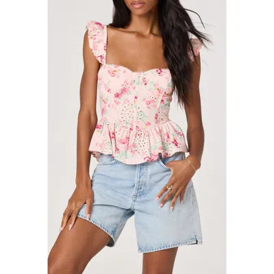 Astr The Label Baylin Floral Eyelet Lace-up Back Peplum Top In Pink