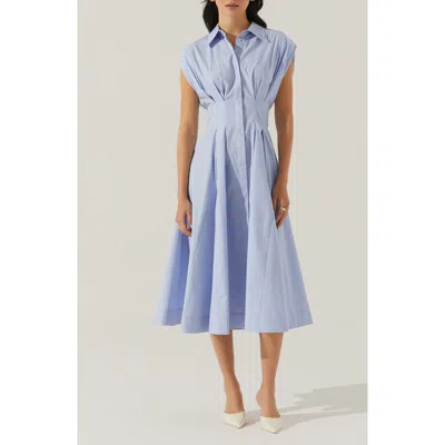 Astr The Label Beckett Pleat Waist Cotton Midi Shirtdress In Blue