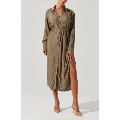 Astr The Label Belted Long Sleeve Midi Shirtdress In Olive