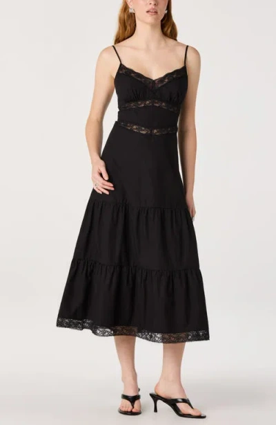 Astr The Label Berenice Lace Detail Tiered Cotton Dress In Black