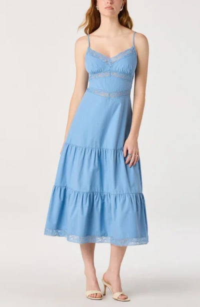 Astr The Label Berenice Lace Detail Tiered Cotton Dress In Blue