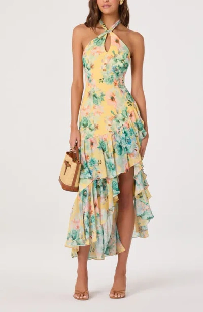 Astr The Label Bethina Floral Halter Neck High-low Dress In Yellow