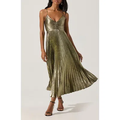 Astr The Label Blythe Metallic Pleated Midi Dress In Green