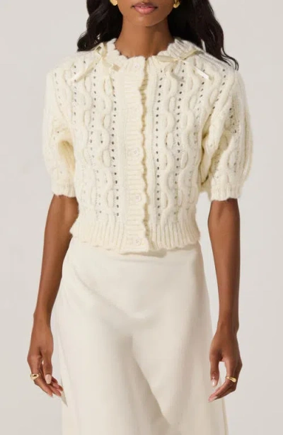 Astr The Label Bow Cable Stitch Short Sleeve Cardigan In Cream