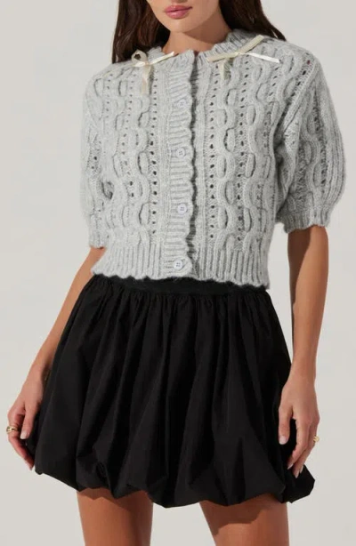 Astr The Label Bow Cable Stitch Short Sleeve Cardigan In Grey