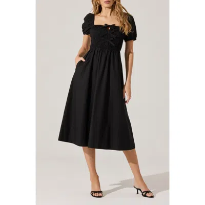Astr The Label Bow Detail Smock Bodice Cotton Blend Dress In Black