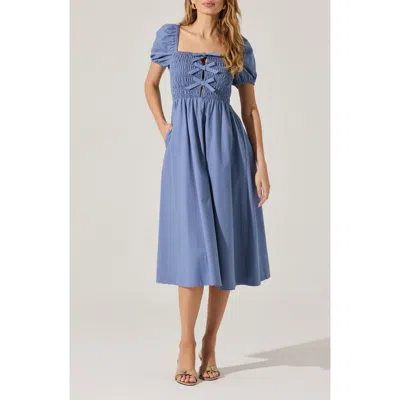 Astr The Label Bow Detail Smock Bodice Cotton Blend Dress In Denim Blue