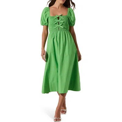Astr The Label Bow Detail Smock Bodice Cotton Blend Dress In Green