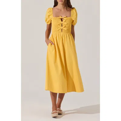 Astr The Label Bow Detail Smock Bodice Cotton Blend Dress In Mustard