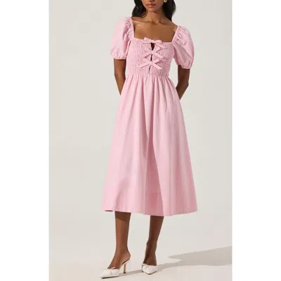 Astr The Label Bow Detail Smock Bodice Cotton Blend Dress In Pink