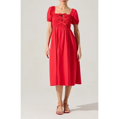 Astr The Label Bow Detail Smock Bodice Cotton Blend Dress In Red