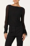 Astr The Label Brisa Feather Trim Long Sleeve Top In Black