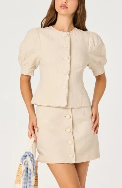 Astr The Label Cailey Puff Sleeve Crochet Trim Button-up Top In White