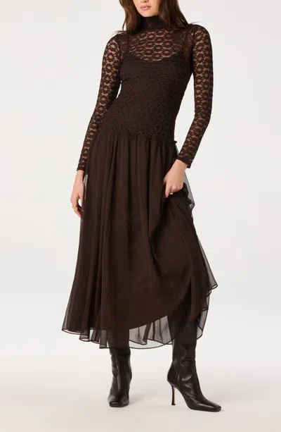 Astr The Label Camila Lace Mock Neck Midi Dress In Brown