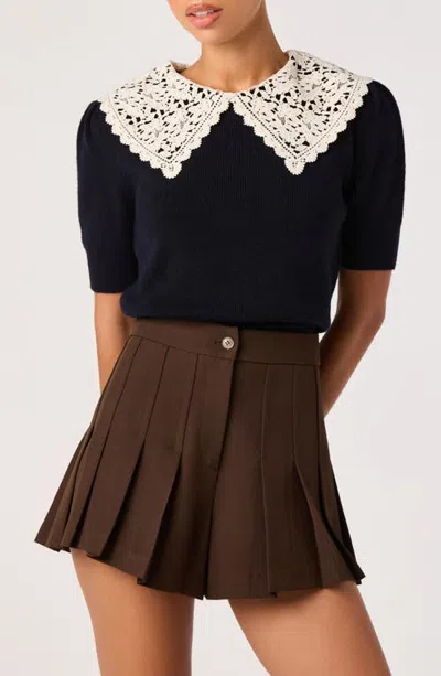 Astr The Label Carianne Lace Collar Short Sleeve Sweater In Navy