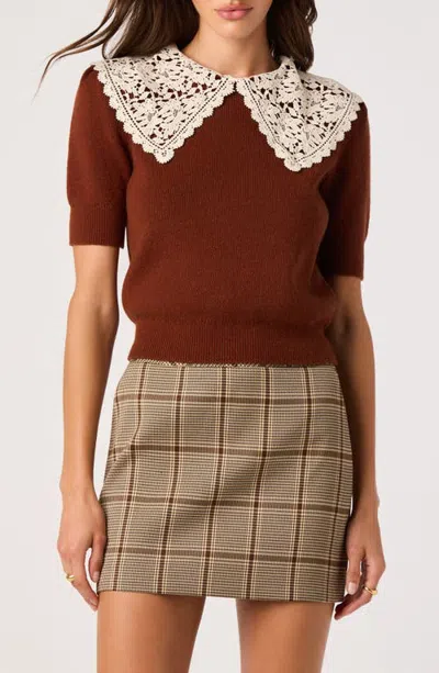 Astr The Label Carianne Lace Collar Short Sleeve Sweater In Rust