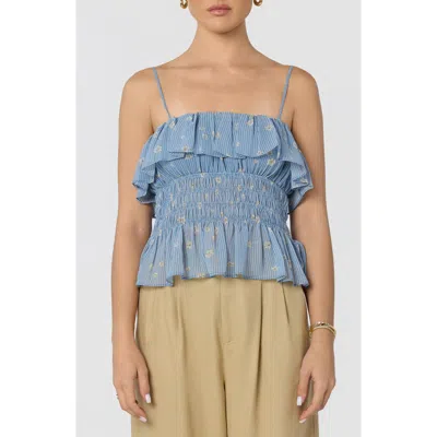 Astr The Label Carmelitha Ditsy Floral Gingham Ruffle Trim Peplum Top In Blue