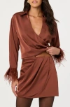 Astr The Label Catrina Feather Accent Surplice Satin Top In Brown