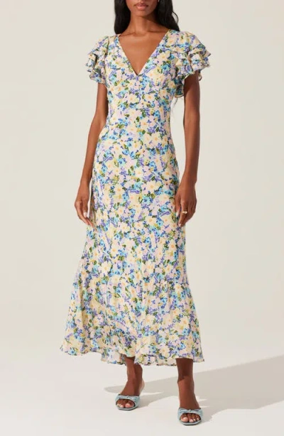 Astr The Label Celestine Floral Flutter Sleeve Maxi Dress In Blue