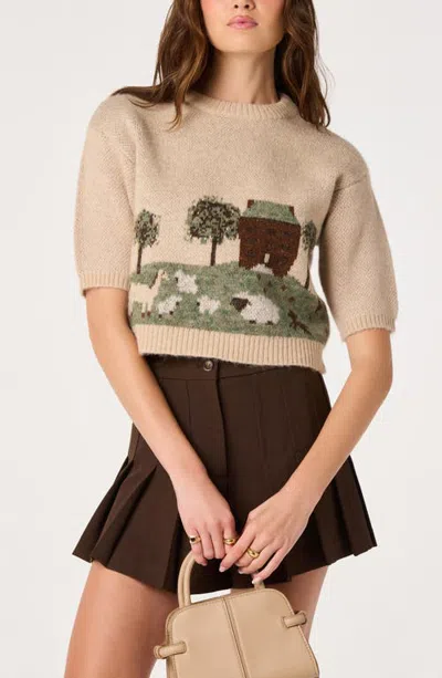 Astr The Label Colette Landscape Crewneck Sweater In Oatmeal