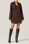 Astr The Label Collar Long Sleeve Shift Dress In Dark Brown