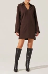 Astr The Label Collar Long Sleeve Shift Dress In Dark Brown