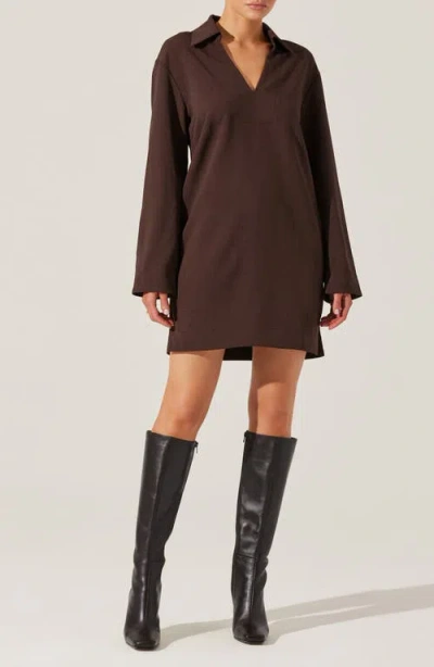 Astr The Label Collar Long Sleeve Shift Dress In Dark Brown