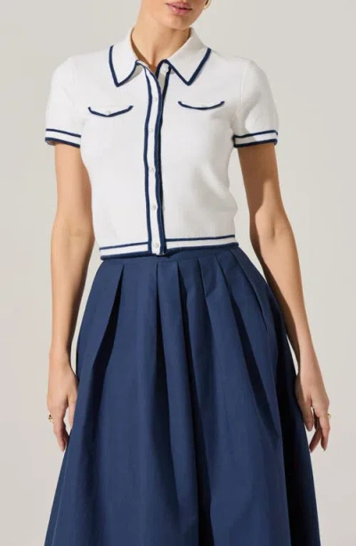 Astr The Label Contrast Detail Short Sleeve Cardigan In Off White Navy