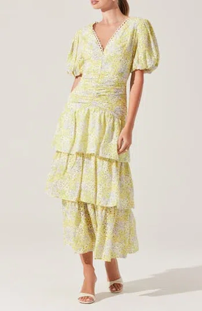Astr The Label Corinna Floral Tiered Cotton Dress In Yellow