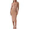 Astr Cutout Off The Shoulder Long Sleeve Midi Sweater Dress In Tan