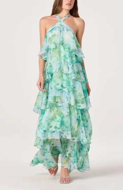 Astr The Label Daiga Print Chiffon Halter Maxi Dress In Green