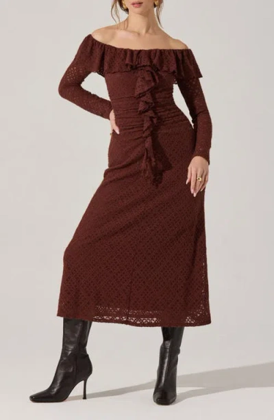 Astr The Label Dorian Lace Long Sleeve Off The Shoulder Maxi Dress In Brown