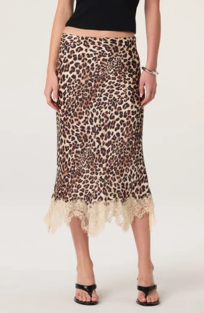 Astr The Label Eilinna Leopard Print Lace Trim Midi Skirt In Neutral