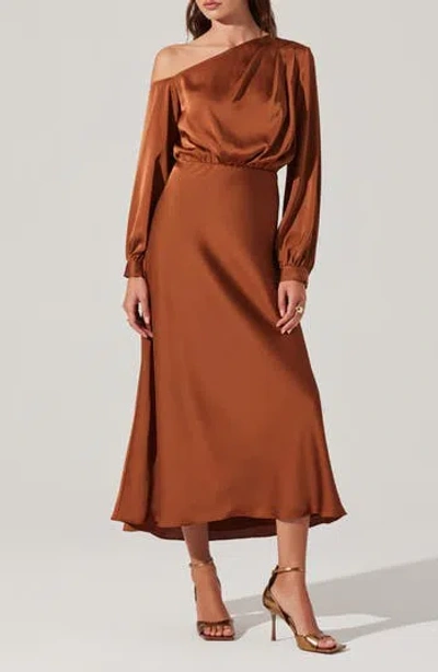 Astr The Label Elwood One-shoulder Long Sleeve Satin Cocktail Dress In Brown