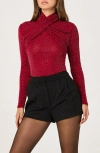 Astr The Label Embellished Shimmer Crossover Mock Neck Top In Burgundy
