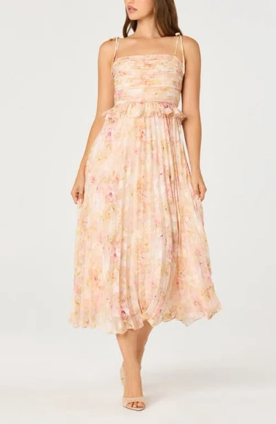 Astr The Label Emerys Metallic Floral Pleated Midi Dress In Pink