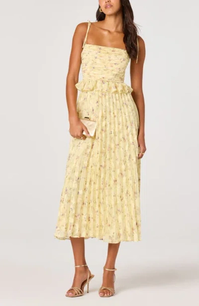 Astr The Label Emerys Metallic Floral Pleated Midi Dress In Yellow