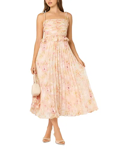 Astr The Label Emerys Metallic Floral Pleated Midi Dress In Pink