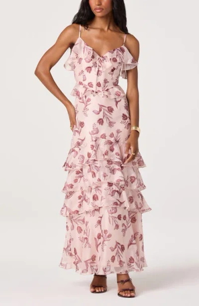 Astr The Label Emiliana Floral Tiered Ruffle Cold Shoulder Maxi Dress In Pink
