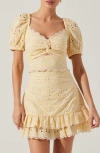 Astr The Label Evelin Embroidered Eyelet Cotton Twist Front Top In Yellow