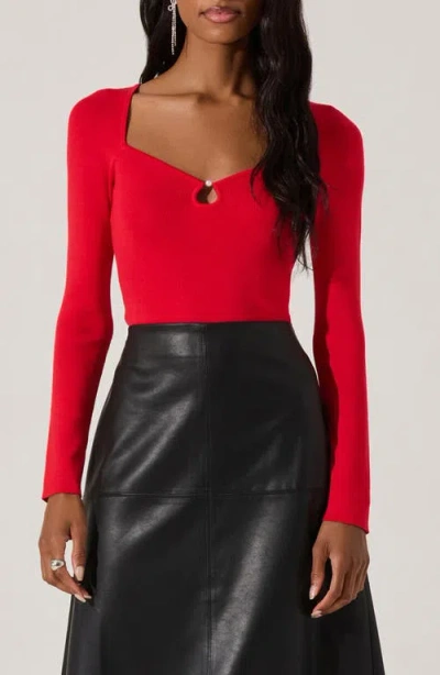 Astr The Label Faux Pearl Sweetheart Neck Rib Sweater In Red