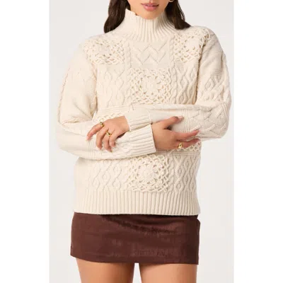Astr The Label Fiala Cable & Crochet Mock Neck Sweater In Ivory