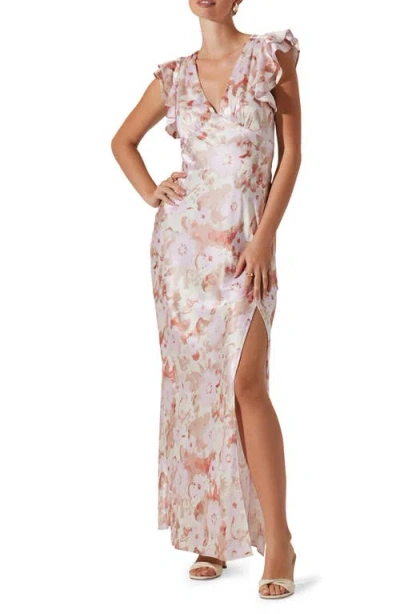 Astr The Label Floral Flutter Sleeve Satin Maxi Dress In Multi